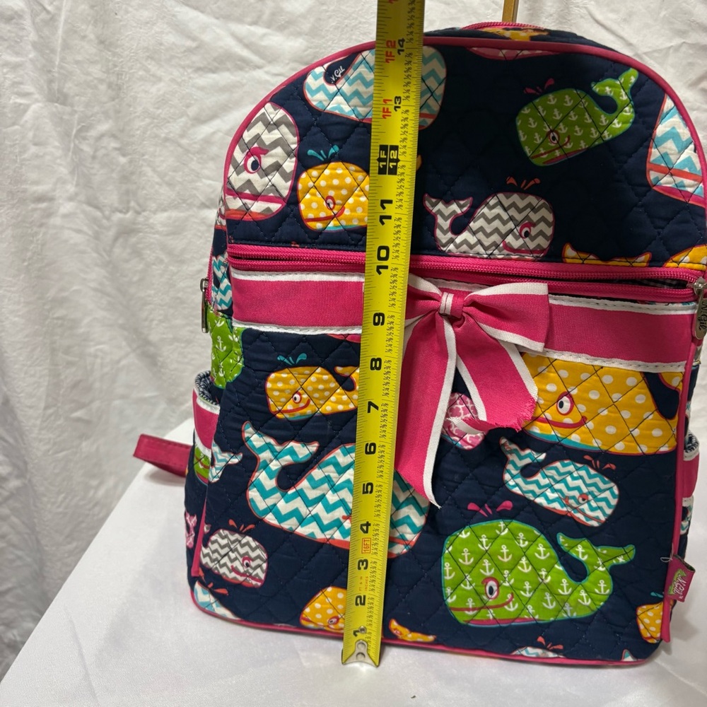 N.Gil Narwhal World quilted canvas backpack/diaper bag with whales and pink trim - Picture 12 of 13